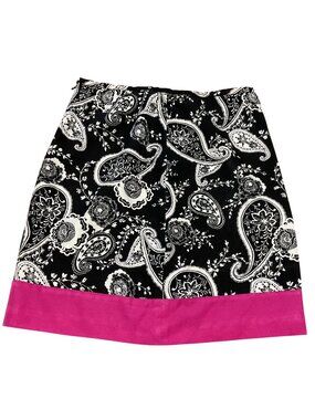 Ann Taylor Loft Black & White Paisley Skirt Size 6 With Pink Hem Lined Womens
